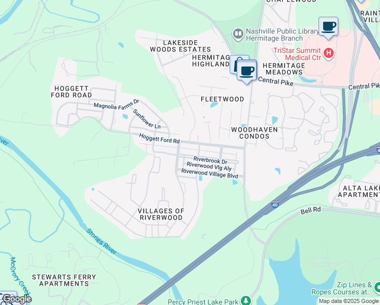 map of restaurants, bars, coffee shops, grocery stores, and more near 1251 Riverbrook Drive in Nashville