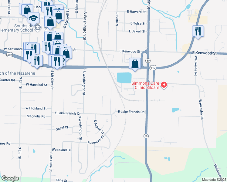 map of restaurants, bars, coffee shops, grocery stores, and more near 1901 Azlin Place in Siloam Springs