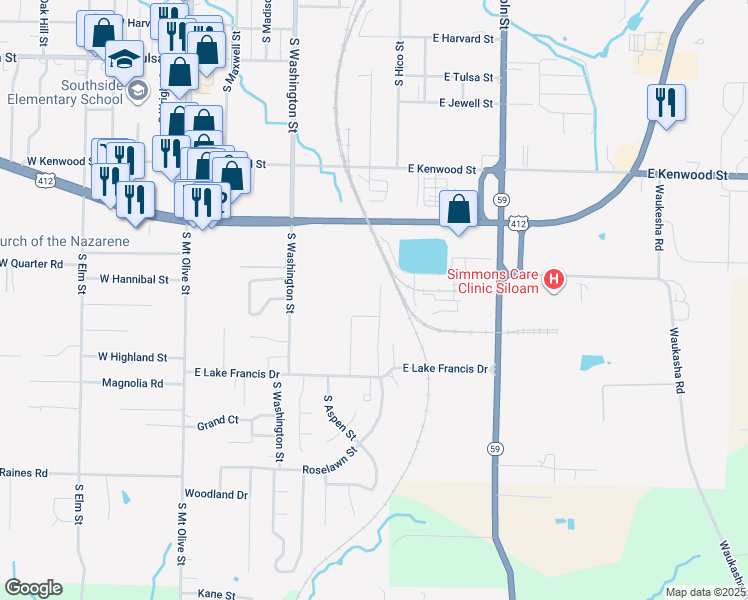 map of restaurants, bars, coffee shops, grocery stores, and more near 1901 Azlin Place in Siloam Springs