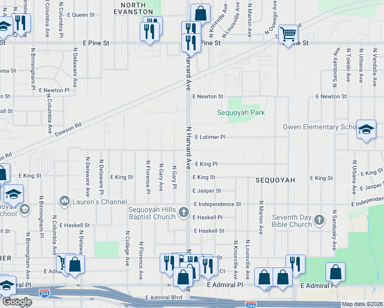 map of restaurants, bars, coffee shops, grocery stores, and more near 1043 North Harvard Avenue in Tulsa