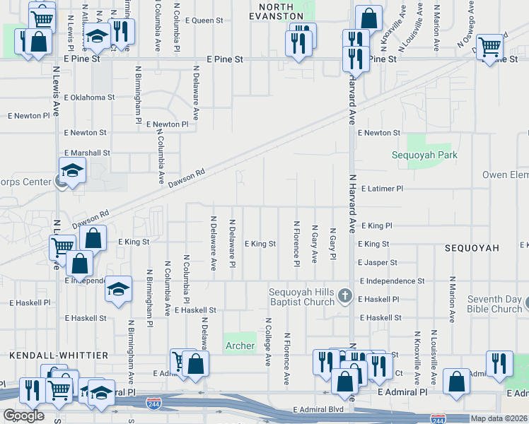 map of restaurants, bars, coffee shops, grocery stores, and more near 1046 North College Avenue in Tulsa