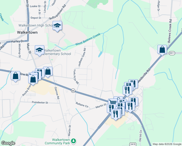 map of restaurants, bars, coffee shops, grocery stores, and more near 5272 Esher Drive in Walkertown