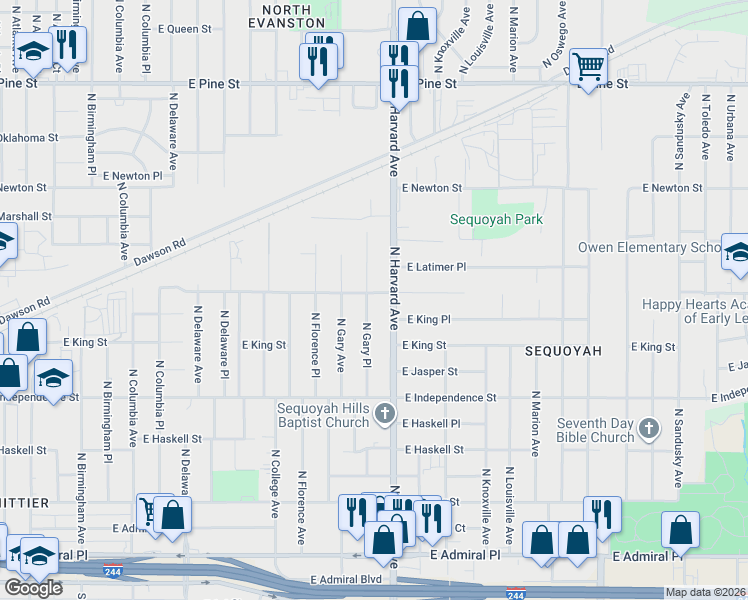 map of restaurants, bars, coffee shops, grocery stores, and more near 1041 North Gary Place in Tulsa