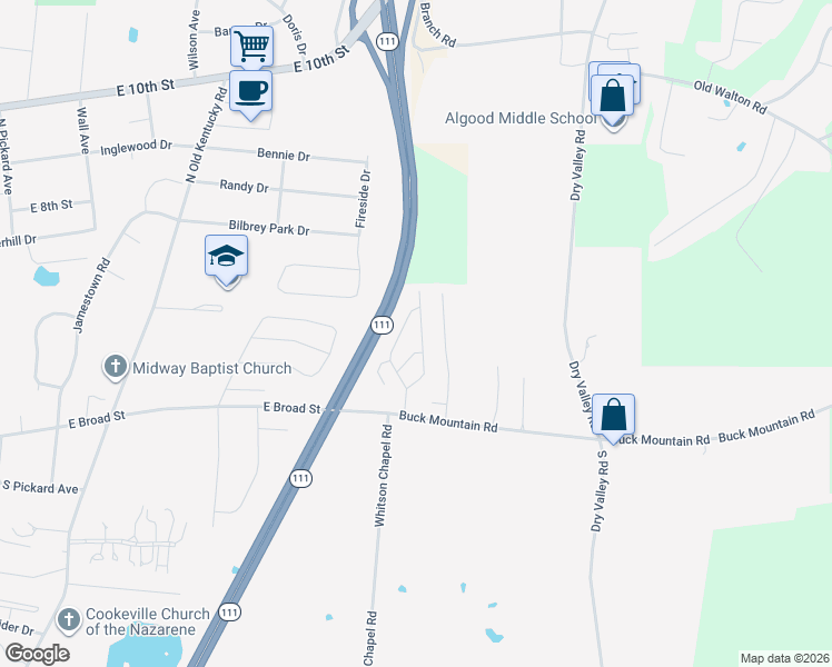 map of restaurants, bars, coffee shops, grocery stores, and more near 91 A Westgate Circle in Cookeville