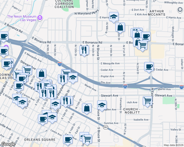 map of restaurants, bars, coffee shops, grocery stores, and more near 367 North 16th Street in Las Vegas