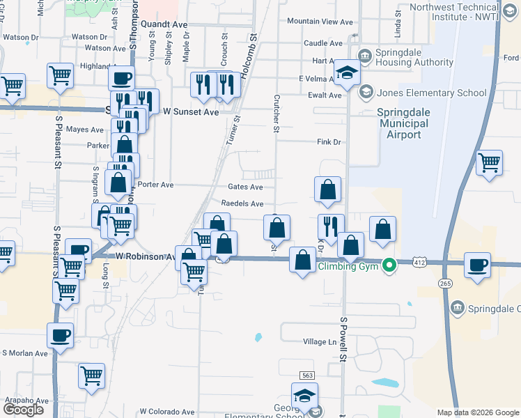 map of restaurants, bars, coffee shops, grocery stores, and more near 217 Raedels Avenue in Springdale