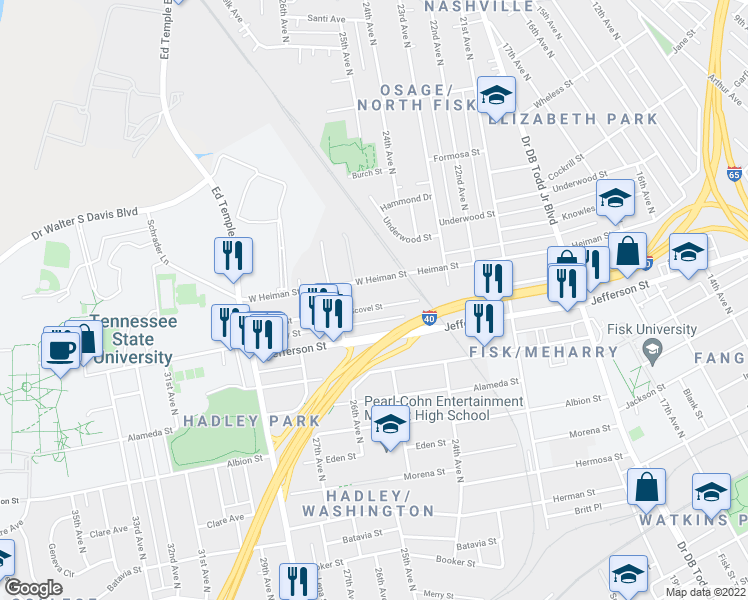 map of restaurants, bars, coffee shops, grocery stores, and more near 2504 Scovel Street in Nashville