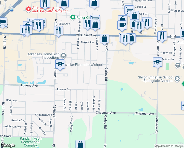 map of restaurants, bars, coffee shops, grocery stores, and more near 1805 Jean Street in Springdale