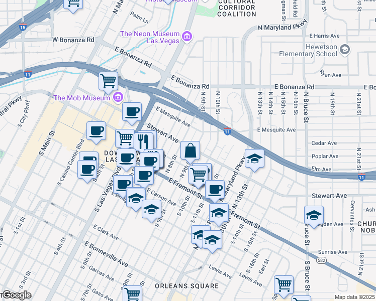 map of restaurants, bars, coffee shops, grocery stores, and more near Stewart Avenue in Las Vegas