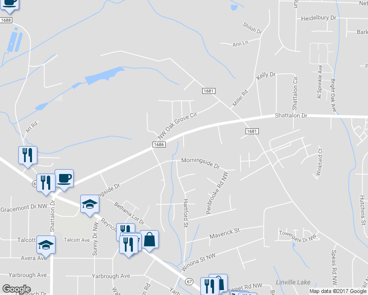 map of restaurants, bars, coffee shops, grocery stores, and more near 3949 Bradford Court in Winston-Salem