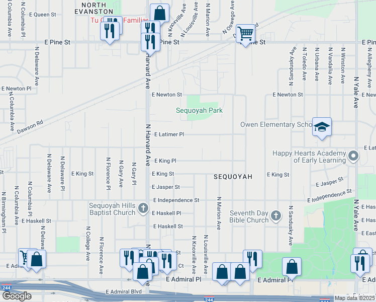 map of restaurants, bars, coffee shops, grocery stores, and more near 3530 East Latimer Street in Tulsa