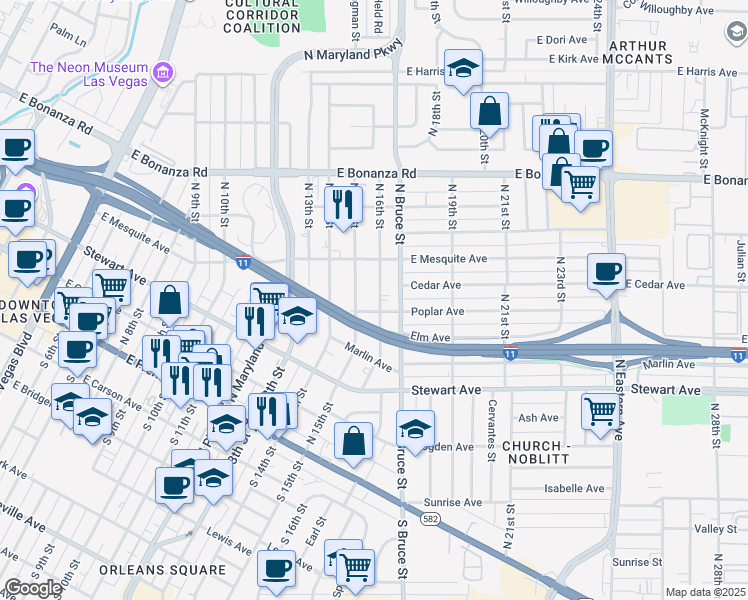 map of restaurants, bars, coffee shops, grocery stores, and more near 367 North 16th Street in Las Vegas