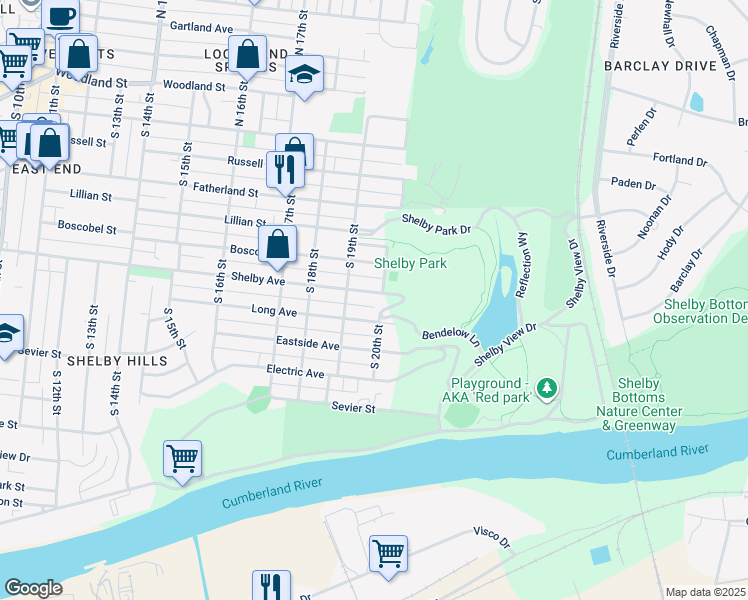 map of restaurants, bars, coffee shops, grocery stores, and more near 1914 Shelby Avenue in Nashville