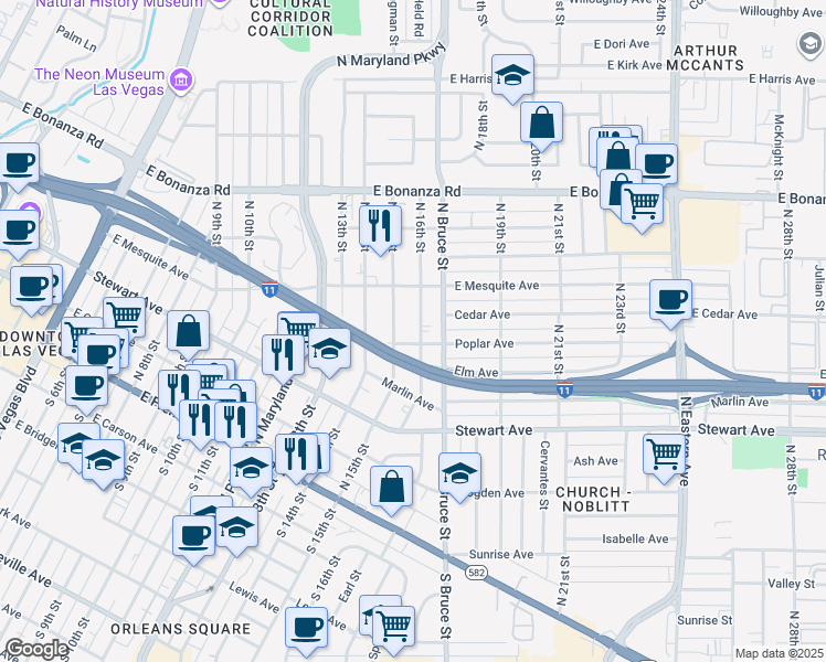 map of restaurants, bars, coffee shops, grocery stores, and more near 367 North 16th Street in Las Vegas