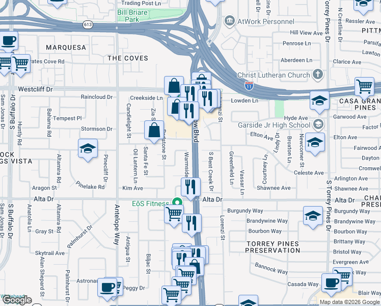 map of restaurants, bars, coffee shops, grocery stores, and more near 313 Warmside Drive in Las Vegas
