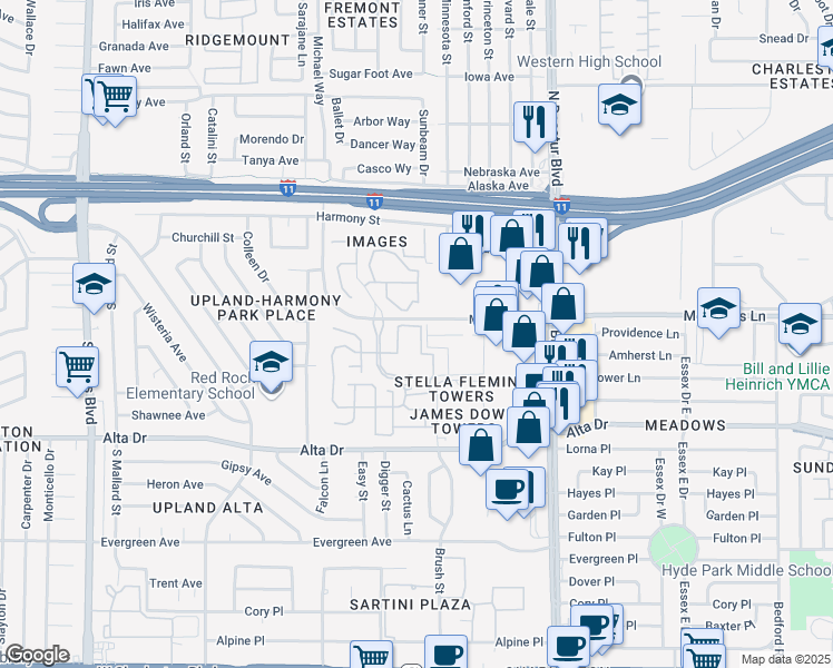 map of restaurants, bars, coffee shops, grocery stores, and more near 5201 Meadows Lane in Las Vegas