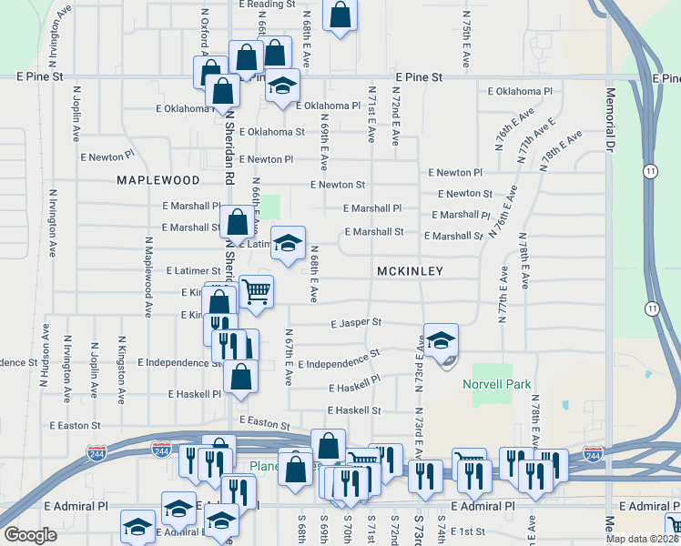map of restaurants, bars, coffee shops, grocery stores, and more near 6821 East King Place in Tulsa