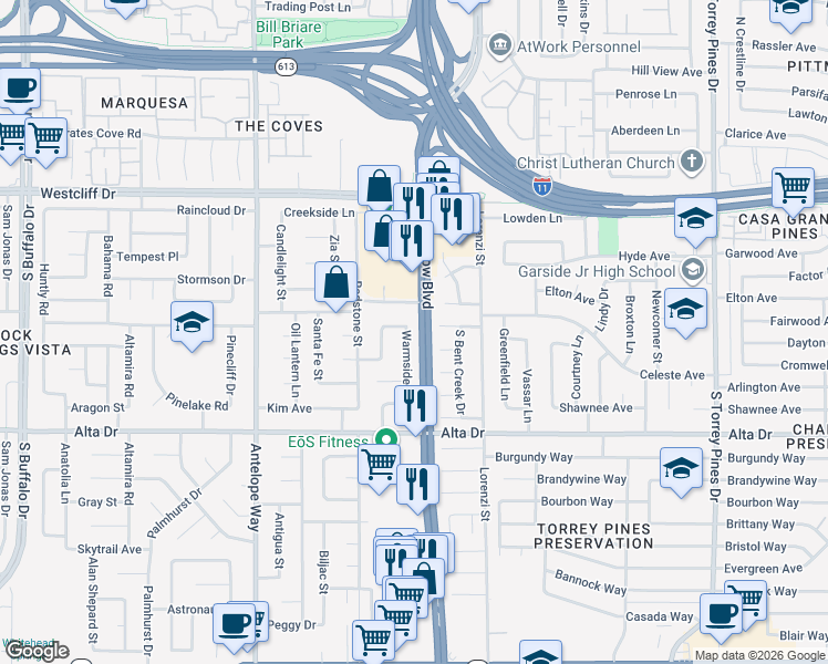 map of restaurants, bars, coffee shops, grocery stores, and more near 309 Warmside Drive in Las Vegas
