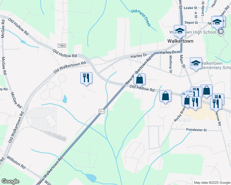 map of restaurants, bars, coffee shops, grocery stores, and more near 4770 New Walkertown Road in Walkertown