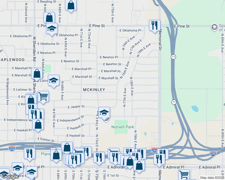 map of restaurants, bars, coffee shops, grocery stores, and more near 7349 East King Place in Tulsa