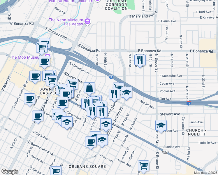 map of restaurants, bars, coffee shops, grocery stores, and more near 323 North 11th Street in Las Vegas