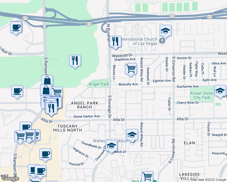 map of restaurants, bars, coffee shops, grocery stores, and more near 350 South Durango Drive in Las Vegas