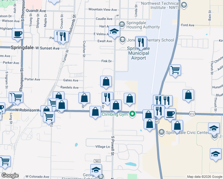 map of restaurants, bars, coffee shops, grocery stores, and more near 1706 South Powell Street in Springdale