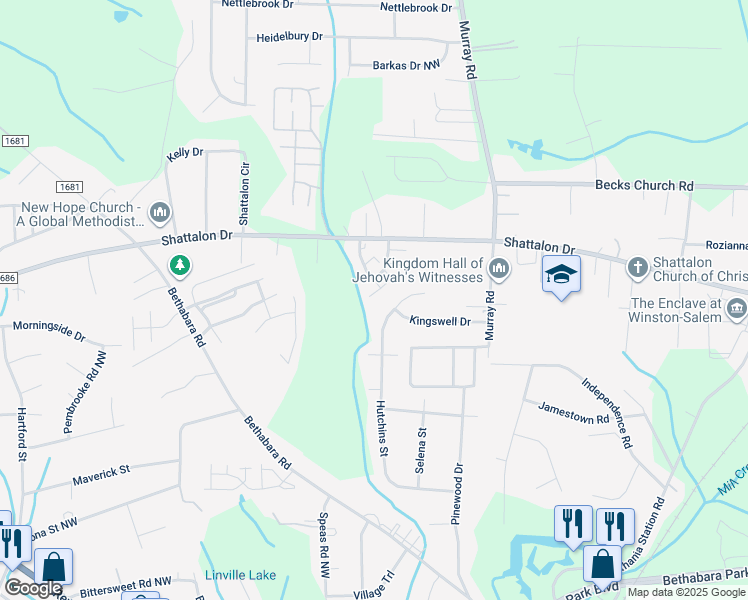 map of restaurants, bars, coffee shops, grocery stores, and more near 230 Vista Circle in Winston-Salem