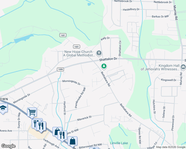 map of restaurants, bars, coffee shops, grocery stores, and more near 2624 Bethabara Rd in Winston-Salem