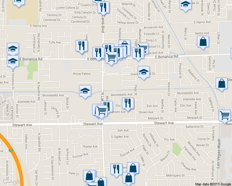 map of restaurants, bars, coffee shops, grocery stores, and more near 4420 Montebello Ave in Las Vegas