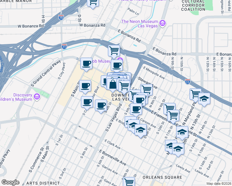 map of restaurants, bars, coffee shops, grocery stores, and more near 20 Fremont Street Experience in Las Vegas