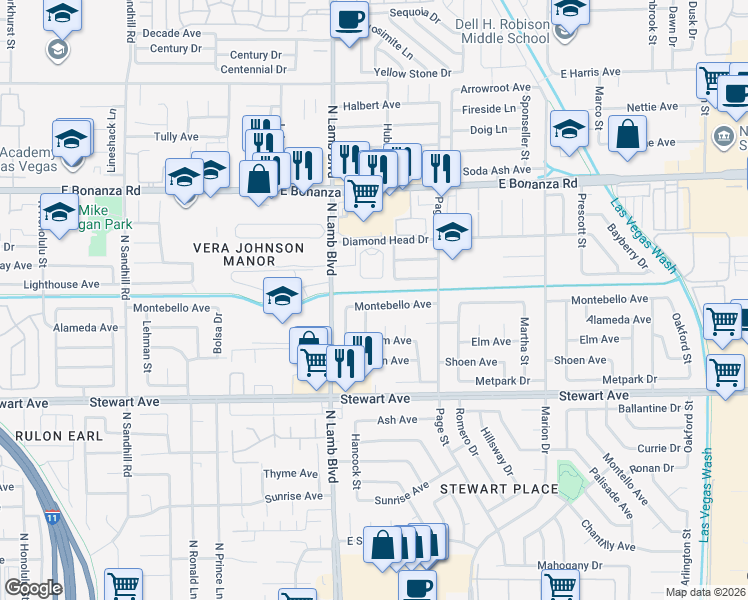 map of restaurants, bars, coffee shops, grocery stores, and more near 4420 Montebello Avenue in Las Vegas