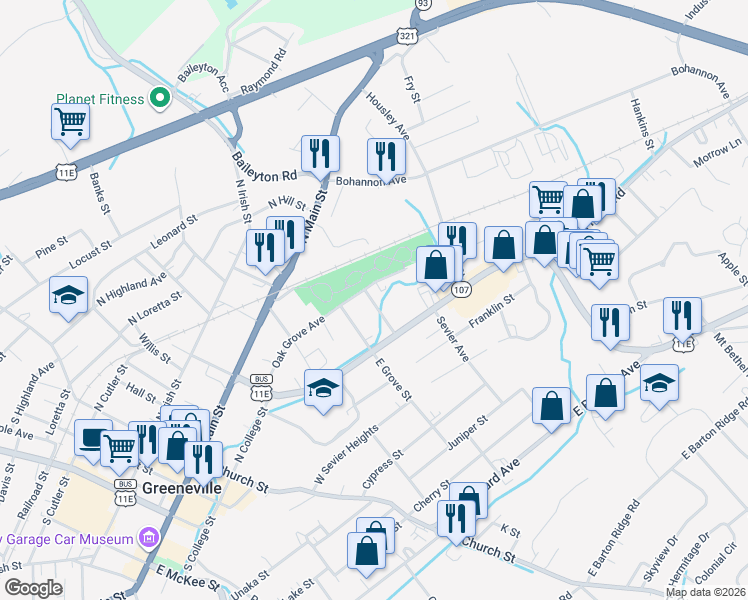 map of restaurants, bars, coffee shops, grocery stores, and more near 108 Spruce Street in Greeneville