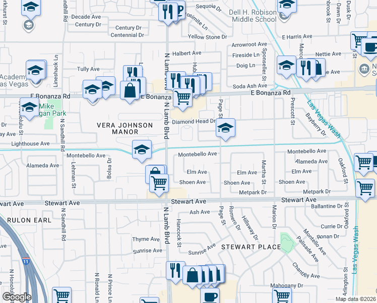 map of restaurants, bars, coffee shops, grocery stores, and more near 4420 Montebello Avenue in Las Vegas