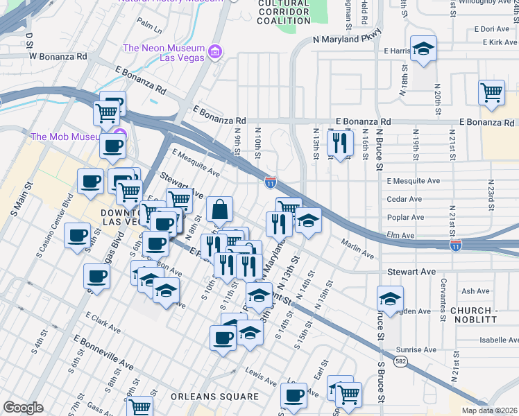 map of restaurants, bars, coffee shops, grocery stores, and more near 319 North 11th Street in Las Vegas