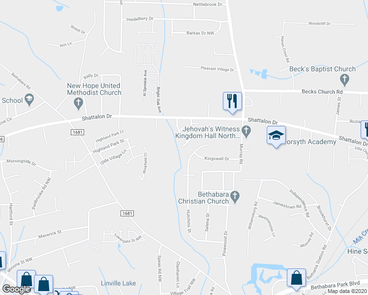 map of restaurants, bars, coffee shops, grocery stores, and more near 5116 Hutchins Street in Winston-Salem