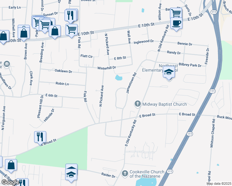 map of restaurants, bars, coffee shops, grocery stores, and more near 460 Concord Drive in Cookeville