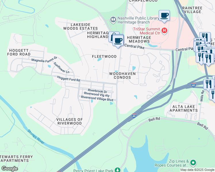 map of restaurants, bars, coffee shops, grocery stores, and more near 1429 Riverbrook Drive in Nashville
