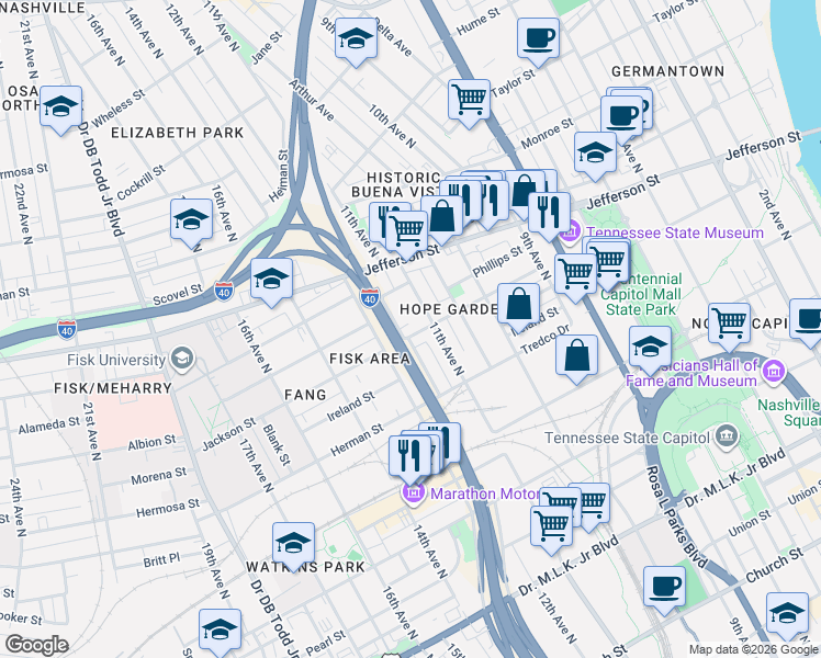 map of restaurants, bars, coffee shops, grocery stores, and more near in Nashville
