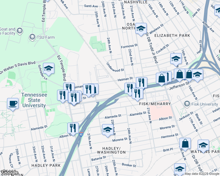 map of restaurants, bars, coffee shops, grocery stores, and more near 2504 Scovel Street in Nashville