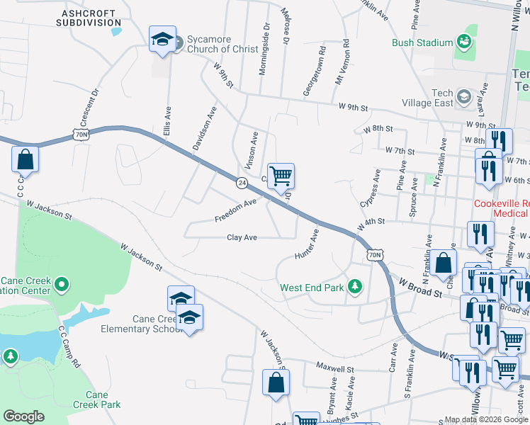 map of restaurants, bars, coffee shops, grocery stores, and more near 745 Steakley Drive in Cookeville