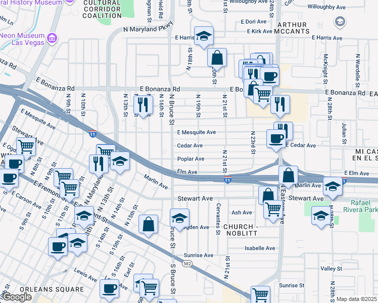 map of restaurants, bars, coffee shops, grocery stores, and more near  in Las Vegas