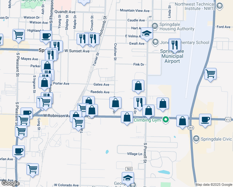 map of restaurants, bars, coffee shops, grocery stores, and more near 1315 Crutcher Street in Springdale