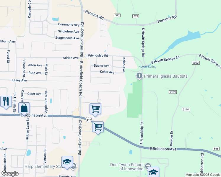 map of restaurants, bars, coffee shops, grocery stores, and more near 3696 Green Acres Road in Springdale