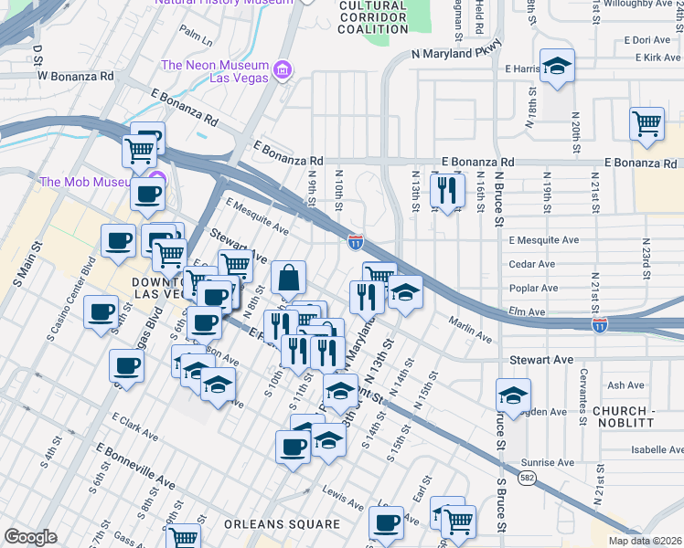 map of restaurants, bars, coffee shops, grocery stores, and more near 319 North 11th Street in Las Vegas