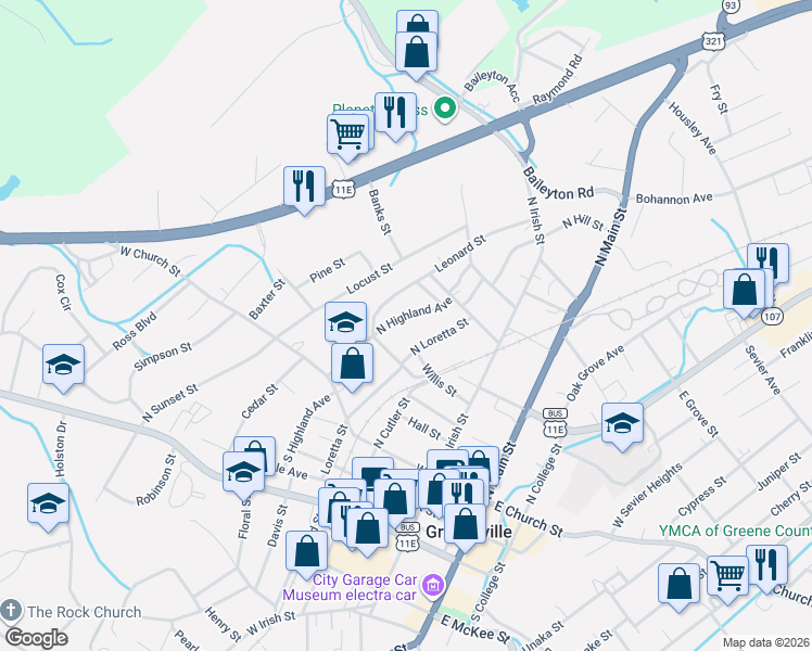 map of restaurants, bars, coffee shops, grocery stores, and more near 315 North Loretta Street in Greeneville