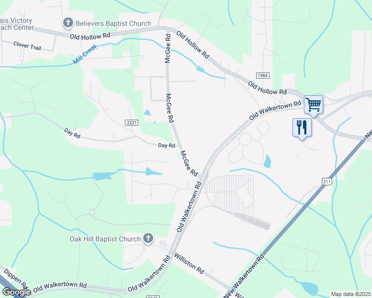 map of restaurants, bars, coffee shops, grocery stores, and more near 4935 McGee Road in Walkertown