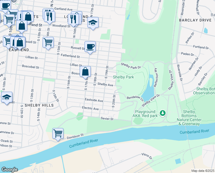 map of restaurants, bars, coffee shops, grocery stores, and more near 1902 Shelby Avenue in Nashville
