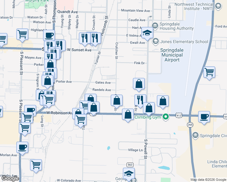 map of restaurants, bars, coffee shops, grocery stores, and more near 1316 Crutcher Street in Springdale