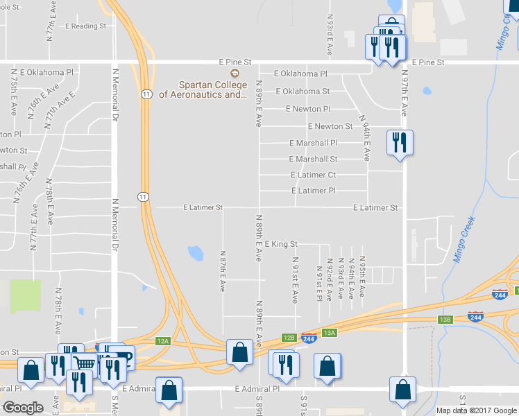 map of restaurants, bars, coffee shops, grocery stores, and more near 1099 North 89th East Avenue in Tulsa